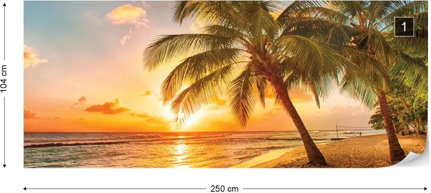 Fototapeta GLIX - Tropical Beach Sunset Palm Trees + lepidlo ZADARMO Vliesová tapeta  - 250x104 cm