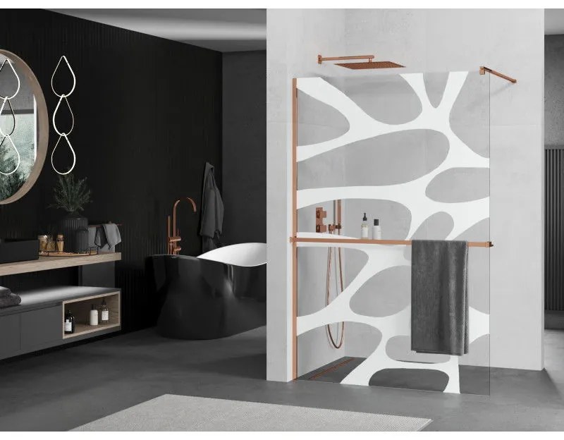 Mexen Kioto, sprchová zástena s poličkou a držiakom na uteráky 70 x 200 cm, 8mm číre sklo s bielym vzorom, profil ružové zlato, 800-070-121-60-97