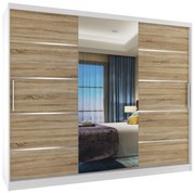 Šatníková skriňa 232 cm Belini biely mat / dub sonoma s posuvnými dverami zrkadlom a zásuvkami  MBP SZP8/0/1W/2DS1L/0/KLAL