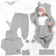Rebrovaná sada, Star 5D, body, polodupačky, kabátik, čiapka, rukavice - sivá, biela 56 (1-2m)