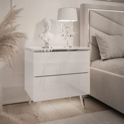 NOČNÝ STOLÍK NESSIE 2 BIELY LESK + STRIEBORNÝ NOŽIČKY 13 cm LED