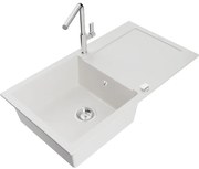 Mexen Leo, 1-komorový granitový drez 900x500x190 mm a drezová batéria Flora, biela, 6501-20-670401-00