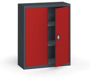 Plechová policová skriňa na náradie KOVONA, 1150 x 950 x 400 mm, 2 police, antracit/červená