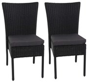 Set 2 záhradných stoličiek HWC-G19, polyratan, stohovateľná - čierne, vankúše tmavo sivé
