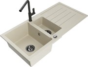 Mexen Andres granitový 1,5-komorový drez s odkvapkávačom a kuchynskou batériou Flora, Béžová - 6515-69-670401-70-B