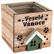 Drevený svietnik so sklom Veselé Vianoce, 9 x 8,5cm, prírodný