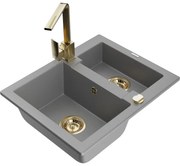 Mexen Carlos, 1,5-komorový granitový drez s odkvapkávačom 582x475x177 mm a zlatá kuchynská batéria Rita, šedá, 6518-71-670300-50
