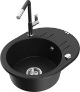 Mexen Kevin granitový jednokomorový drez s odkvapkávačom a kuchynskou batériou Flora, Čierna - 6517-77-670401-07