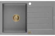 Mexen Bruno, granitový drez 795x495x200 mm, 1-komorový, šedá so zlatým sifónom, 6513791010-71-G