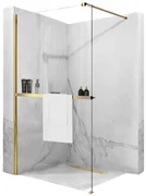 Rea Aero, sprchová zástena typu Walk-In 90cm, 8mm číre sklo, zlatý lesklý profil + polička a vešiak EVO, KPL-K8442