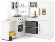Rohová kuchyňa so svetlom a zvukom Drevená hracia zostava s výsuvnou pracovnou doskou Drez Sporák Rúra Chladnička Biela