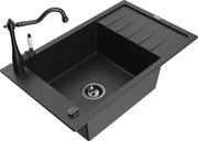 Mexen Elias granitový jednokomorový drez s odkvapkávačom a kuchynskou batériou Carla, Čierna/Strieborná metalíza - 6511-73-67070