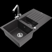 Mexen Matias granitový 1,5-komorový drez s odkvapkávačom a kuchynskou batériou Duero, Čierna škvrnitá - 6502-76-671600-00