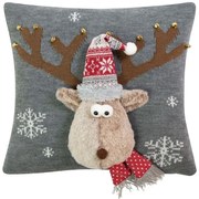 Šedý vianočný dekoračný vankúš sob Rudolf - 40*40*7cm