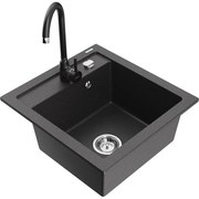 Mexen Vito, 1-komorový granitový drez 520x490x210 mm, čierna matná batéria Telma, čierna škvrnitá, 6503-76-670200-70