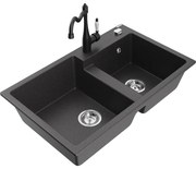 Mexen Tomas, granitový drez 800x500x190 mm, 2-komorový a drezová batéria Carla, čierna škvrnitá, 6516-76-670700-70