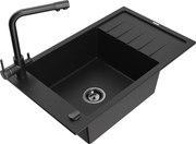 Mexen Elias granitový jednokomorový drez s odkvapkávačom a kuchynskou batériou Duero, Čierna - 6511-77-671600-70-B