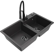 Mexen Tomas, 2-komorový granitový drez 800x500x190 mm a drezová batéria Aster, čierna škvrnitá, 6516-76-73450-70-B