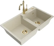 Mexen Tomas, granitový drez 800x500x190 mm, 2-komorový a drezová batéria Carla, béžová, 6516-69-670700-50