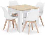 Jedálenská zostava stôl Dub sonoma/ biele nohy 80 X 80 cm hnedé nohy + 4 stoličky MARK biele/ prírodné nohy