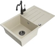 Mexen Bruno, granitový drez 795x495x200 mm, 1-komorový a drezová batéria Carla, béžová, 6513-69-670700-70