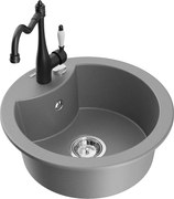 Mexen Diego granitový jednokomorový drez s kuchynskou batériou Carla, Šedá - 6512-71-670700-70
