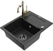 Mexen Enzo, granitový drez 576x465x174 mm, 1-komorový a drezová batéria Carla, čierna-zlatá metalíza, 6506-75-670700-50-B