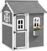Detský domček Outsunny pre deti od 3 do 8 rokov so 6 oknami a truhlíkom, drevený domček, 104,5x110x137 cm, sivý | Aosom