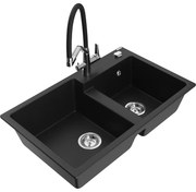 Mexen Tomas, 2-komorový granitový drez 800x500x190 mm a kuchynská batéria Duo, čierna, 6516-77-671701-07