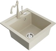 Mexen Vito, granitový drez 490x520x210 mm, 1-komorový a drezová batéria Carla, béžová, 6503-69-670700-69