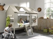 Vyvýšená postel domček z masívu a MDF béžovo sivá so závesmi 185cm 90x200cm