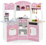 Drevená rohová hracia kuchynka so zvukom ľahký kávovar Hracia súprava do kuchynky pre batoľa šmykľavka Ružová