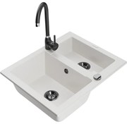 Mexen Carlos, granitový drez 582x475x177 mm, 1,5-komorový a čierna drezová batéria Telma, biela, 6518-20-670200-70