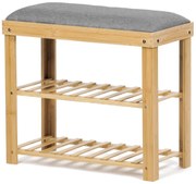 Botník / taburet, 2 police, masiv bambus, přírodní odstín, šedá látka