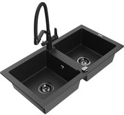 Mexen Mario, granitový drez 820x436x161 mm, 2-komorový a drezová batéria Duo, čierna-strieborná metalíza, 6504-73-671701-70-B
