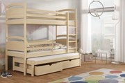 Detská poschodová posteľ z masívu borovice OLÍVIE s prístelkou a šuplíkmi - 200x90 cm - PRÍRODNÁ BOROVICA