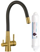 Laveo Riveco, vysoká drezová batéria s flexibilným výtokom a filtrom na pitnú vodu, čierna matná-zlatá matná, LAV-BRIBG68D