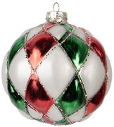 Červenozelená strieborná károvaná sklenená ozdoba gule - Ø 10*10 cm