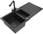 Mexen Andres, granitový drez 1000x500x200 mm, 1,5-komorový + čierna batéria Duero, čierna-strieborná metalíza, 6515-73-671600-70-B