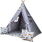 Detský stan TEEPEE (TÍPÍ) STAVEBNÁ TECHNIKA s doplnkami - sivý / biely