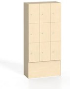 Drevená odkladacia skrinka s úložnými boxami, 9 boxov, 1700 x 900 x 420 mm, cylindrický zámok, breza