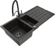 Mexen Andres granitový 1,5-komorový drez s odkvapkávačom a kuchynskou batériou Duo, Čierna/Zlatá metalíza - 6515-75-671701-07-B