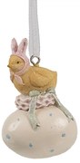 Béžová závesná dekorácia kuriatko králiček na vajíčku - 4*3*7 cm