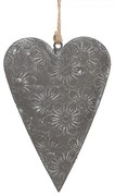 Šedé plechové ozdobné závesné srdce s kvetmi S - 11*2*8 cm