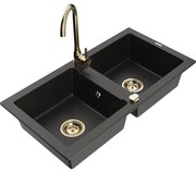 Mexen Mario, 2-komorový granitový drez 82x44 cm s kuchynskou batériou Telma, čierna-zlatá, 6504-75-670200-50