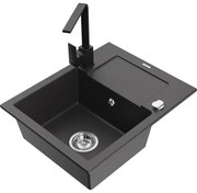 Mexen Enzo, granitový drez 576x465x174 mm, 1-komorový a čierna batéria Rita, čierna škvrnitá, 6506-76-670300-70