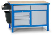 Dielenský pracovný stôl GD, 5 zásuviek, smrek + buková preglejka, 5 zásuviek, 1 skrinka, 1190 x 600 x 850 mm, modrá / sivá