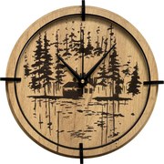 Drevené nástenné hodiny Lesná chatka pri jazere | SENTOP HDF0585-GOLD-OAK