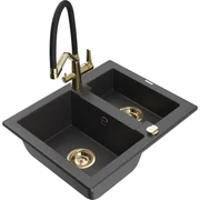 Mexen Carlos, 1,5-komorový granitový drez 582x475x177 mm a drezová batéria Duo, čierna škvrnitá, 6518-76-671701-57-G