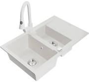 Mexen Gaspar, 1,5-komorový granitový drez 737x475x177 mm a drezová batéria Elia, biela, 6507-20-670101-20